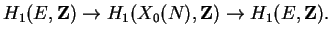 $\displaystyle H_1(E,\mathbf{Z}) \rightarrow H_1(X_0(N),\mathbf{Z}) \rightarrow H_1(E,\mathbf{Z}).$