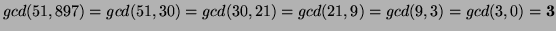 $ gcd(51,897)=gcd(51,30)=gcd(30,21)=gcd(21,9)=gcd(9,3)=gcd(3,0)=\textbf{3}$