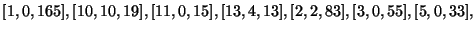 $ [1, 0, 165], [10, 10,
19], [11, 0, 15], [13, 4, 13], [2, 2, 83], [3, 0, 55], [5, 0,
33],$