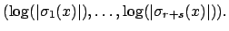 $\displaystyle (\log(\vert\sigma_1(x)\vert),\ldots, \log(\vert\sigma_{r+s}(x)\vert)).$