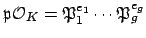 $ \mathfrak{p}\O _K = \P _1^{e_1}\cdots
\P _g^{e_g}$