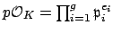 $ p\O _K =
\prod_{i=1}^g \mathfrak{p}_i^{e_i}$