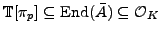 $\displaystyle \mathbb{T}[\pi_p] \subseteq {\mathrm{End}}(\bar{A}) \subseteq \mathcal{O}_K
$