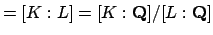 $\displaystyle = [K:L] =[K:\mathbf{Q}]/[L:\mathbf{Q}]$