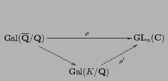 $\displaystyle \xymatrix{ {{\mathrm{Gal}}(\overline{\mathbf{Q}}/\mathbf{Q})}\ar[...
...{\rho}\ar[dr]& &{\GL _n(\mathbf{C})}\\
&{\Gal (K/\mathbf{Q})}\ar[ur]_{\rho'}}
$