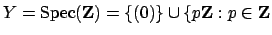 $\displaystyle Y=\Spec (\mathbf{Z}) = \{ (0) \} \cup \{ p\mathbf{Z}: p \in\mathbf{Z}$