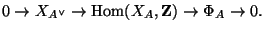 $\displaystyle 0 \rightarrow X_{A^{\vee}} \rightarrow \Hom(X_{A},\mathbf{Z}) \rightarrow \Phi_A \rightarrow 0.$