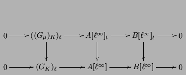 $\displaystyle \xymatrix{
0\ar[r] & {((G_{\mu})_K)_{\ell}}
\ar[r]\ar[d] & {A[\e...
...G_K)_\ell} \ar[r] & {A[\ell^{\infty}]} \ar[r] & {B[\ell^{\infty}]} \ar[r] & 0
}$