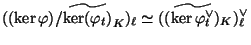 $\displaystyle ((\ker \varphi )/\widetilde{\ker(\varphi _t)}_{K})_{\ell}
\simeq
((\widetilde{\ker \varphi ^{\vee}_t})_K)_{\ell}^{\vee}
$